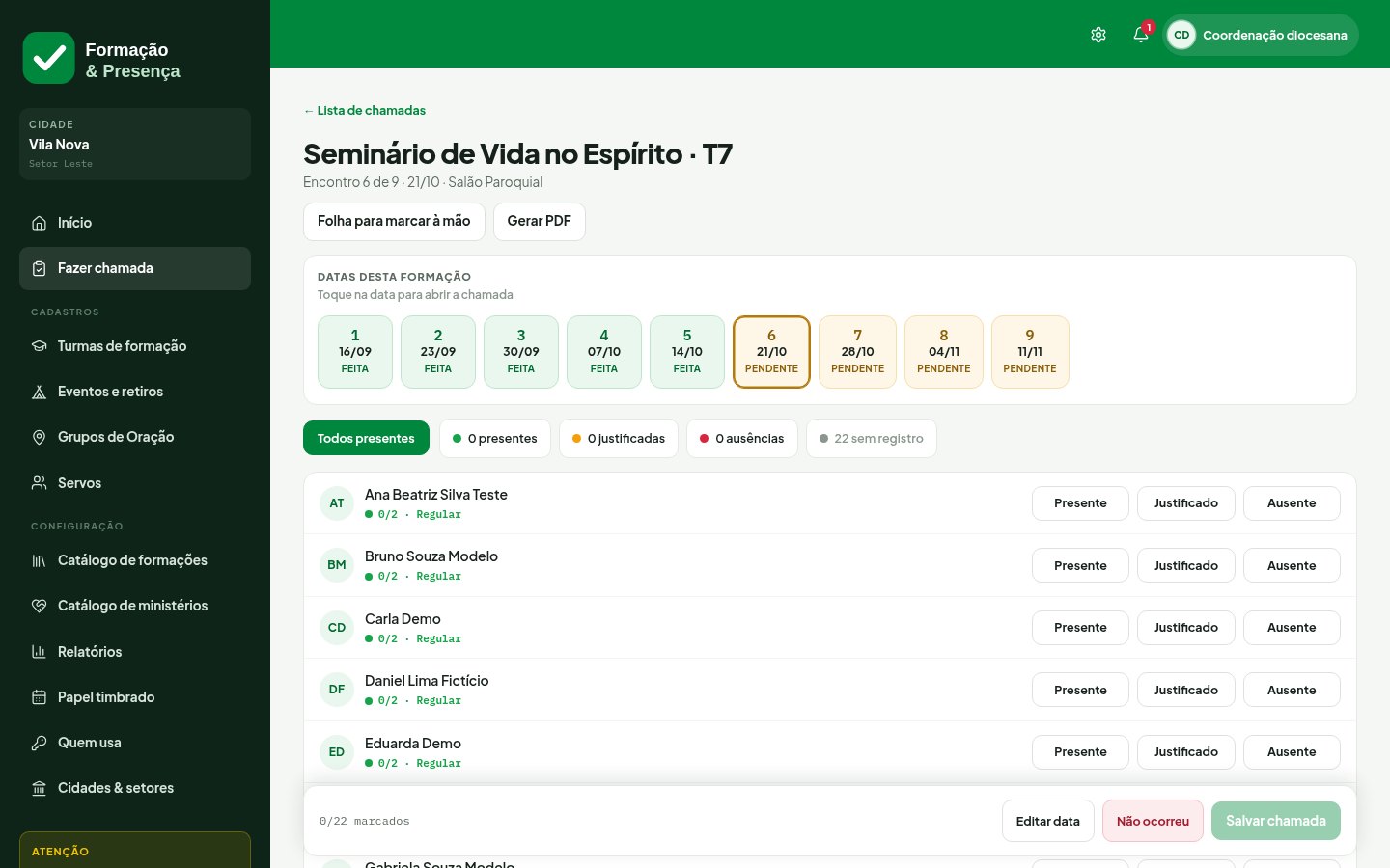 Plataforma de Formação e Presença — Chamada desktop