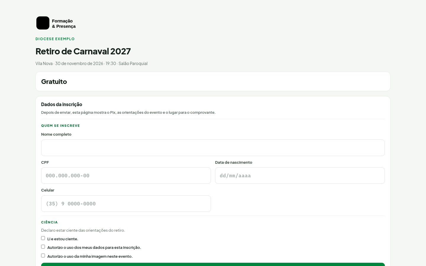 Plataforma de Formação e Presença — Inscricao online desktop