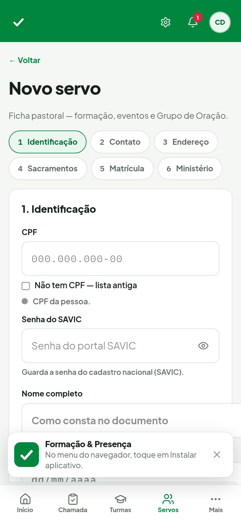 Plataforma de Formação e Presença — Cadastro mobile