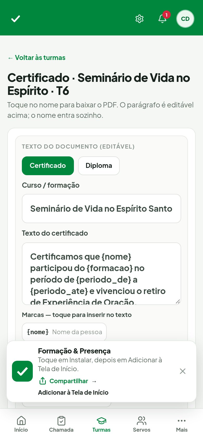 Plataforma de Formação e Presença — Certificado mobile