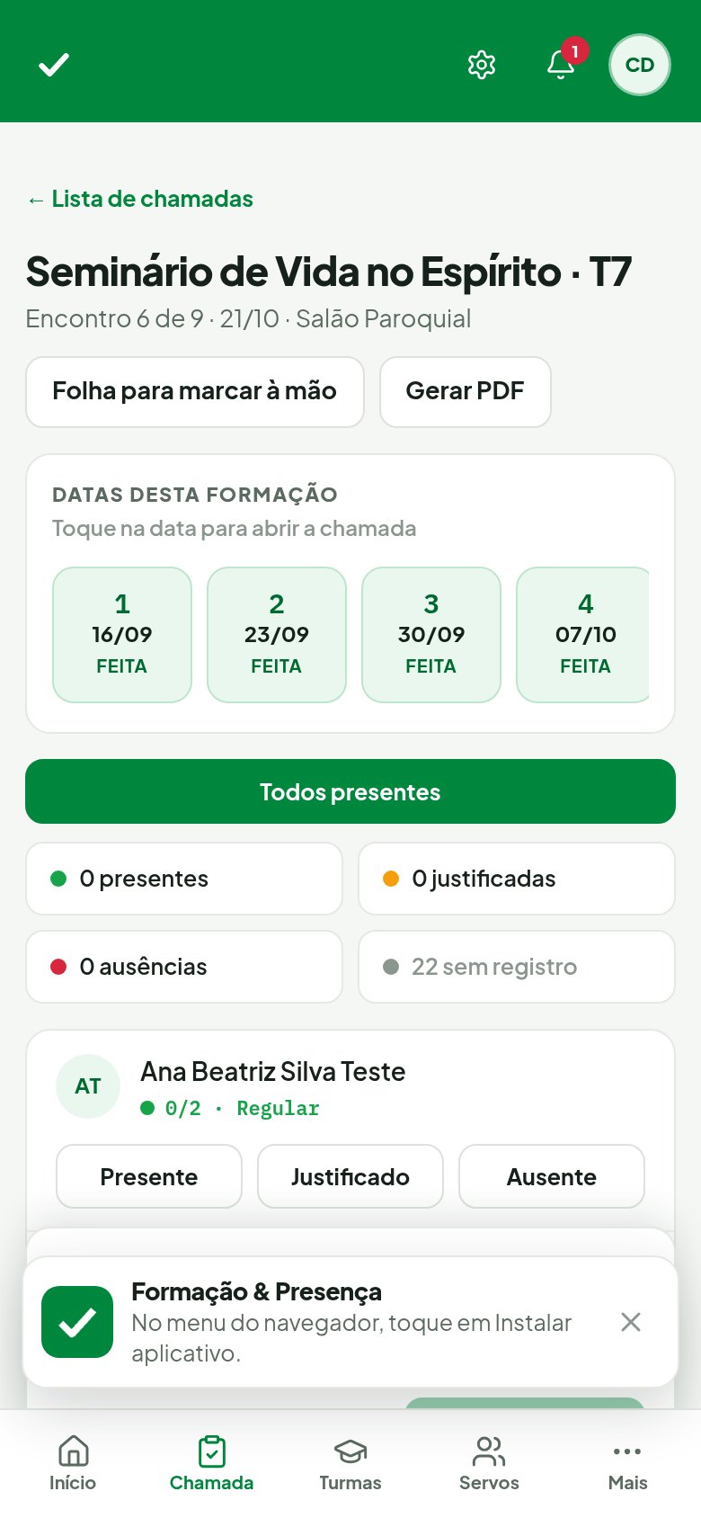 Plataforma de Formação e Presença — Chamada mobile