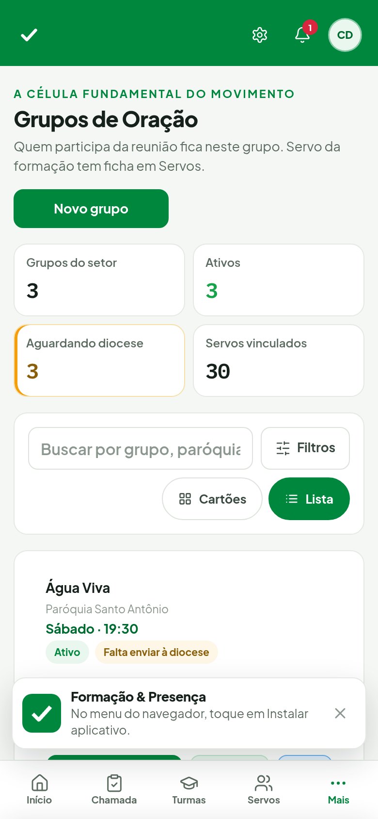 Plataforma de Formação e Presença — Grupos mobile