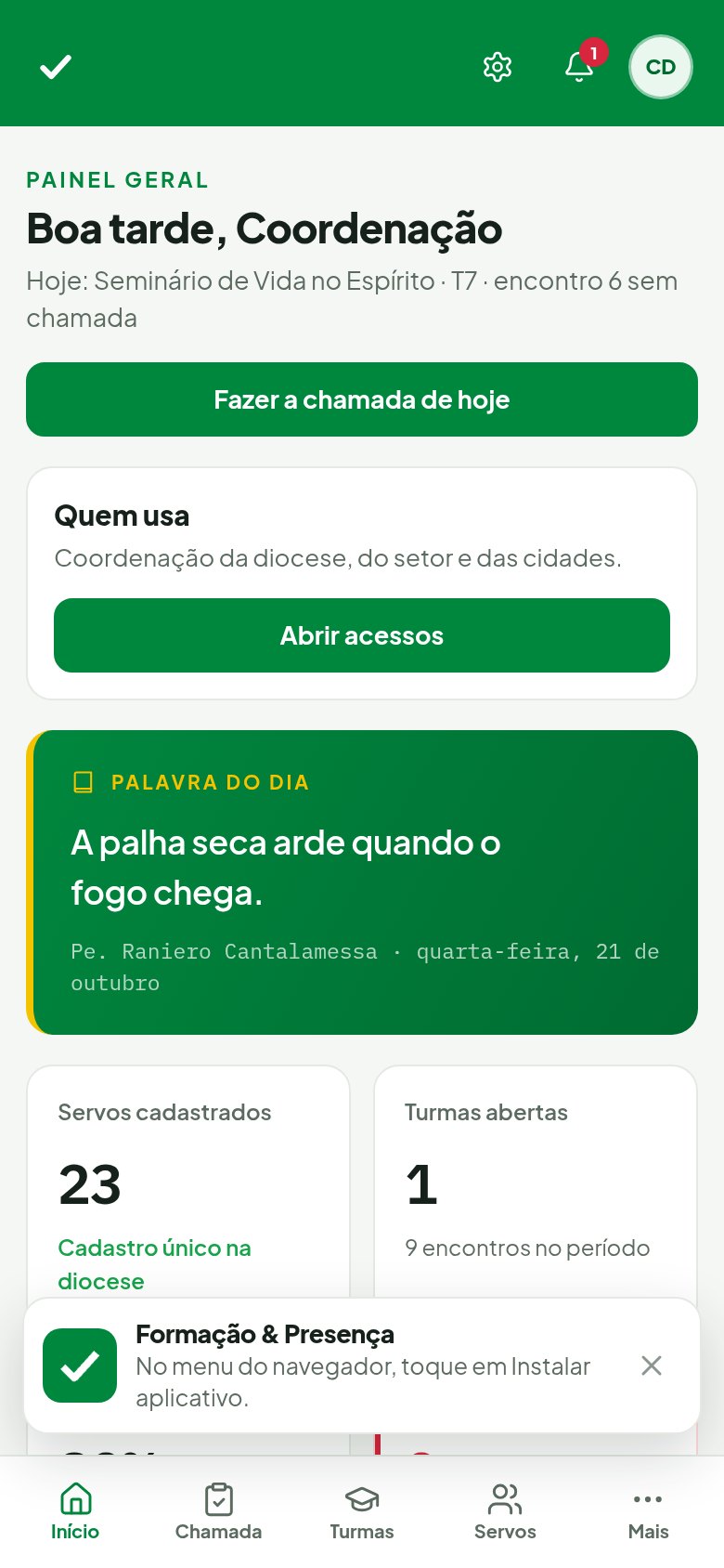 Plataforma de Formação e Presença — Inicio mobile