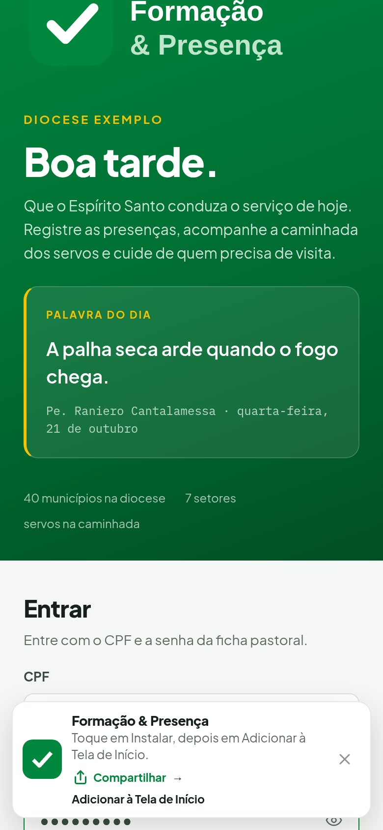 Plataforma de Formação e Presença — Login pwa mobile
