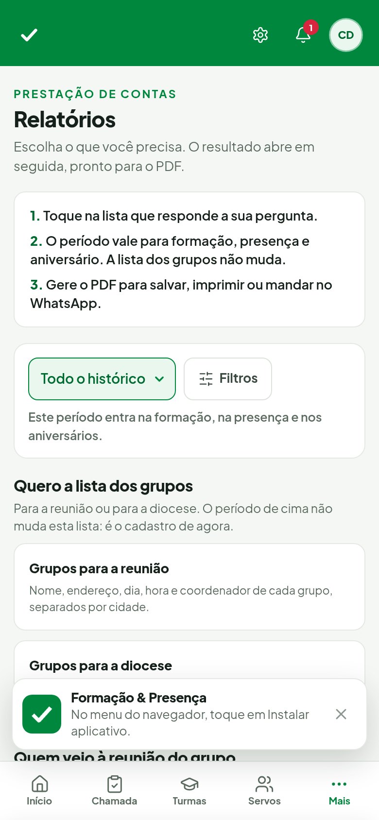 Plataforma de Formação e Presença — Relatorios mobile