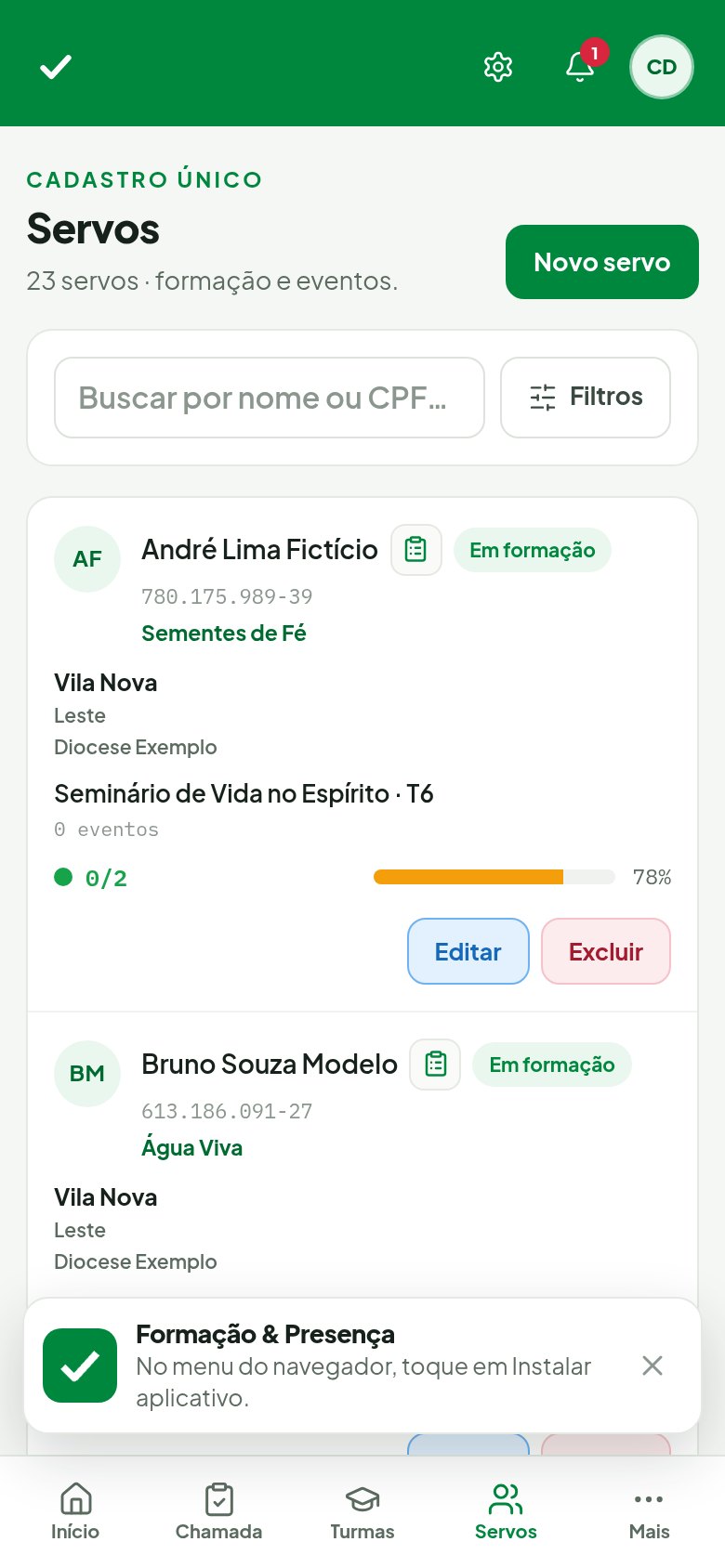 Plataforma de Formação e Presença — Servos mobile