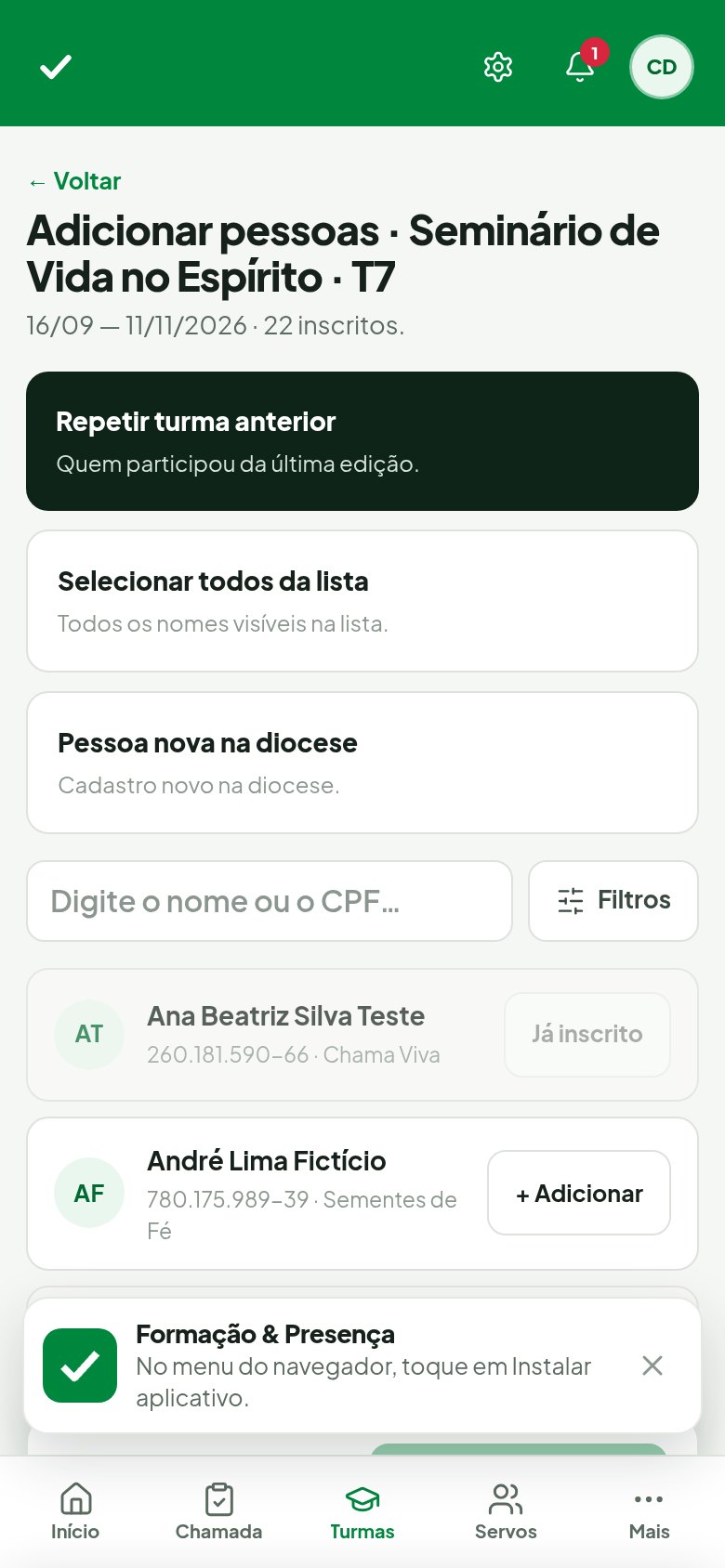 Plataforma de Formação e Presença — Turma mobile