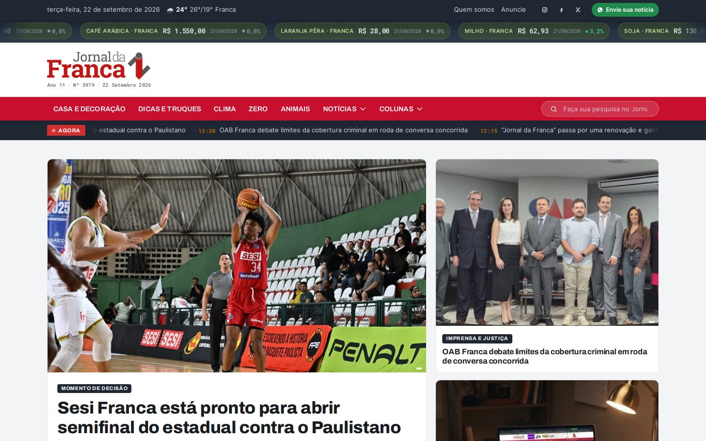 Portal de notícias profissional Jornal da Franca homepage desktop WordPress