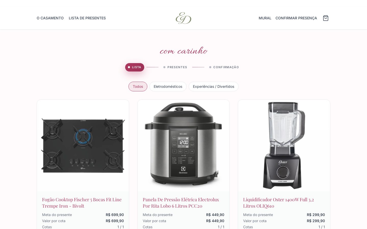 Lista de presentes em cotas no WooCommerce no site para casamento