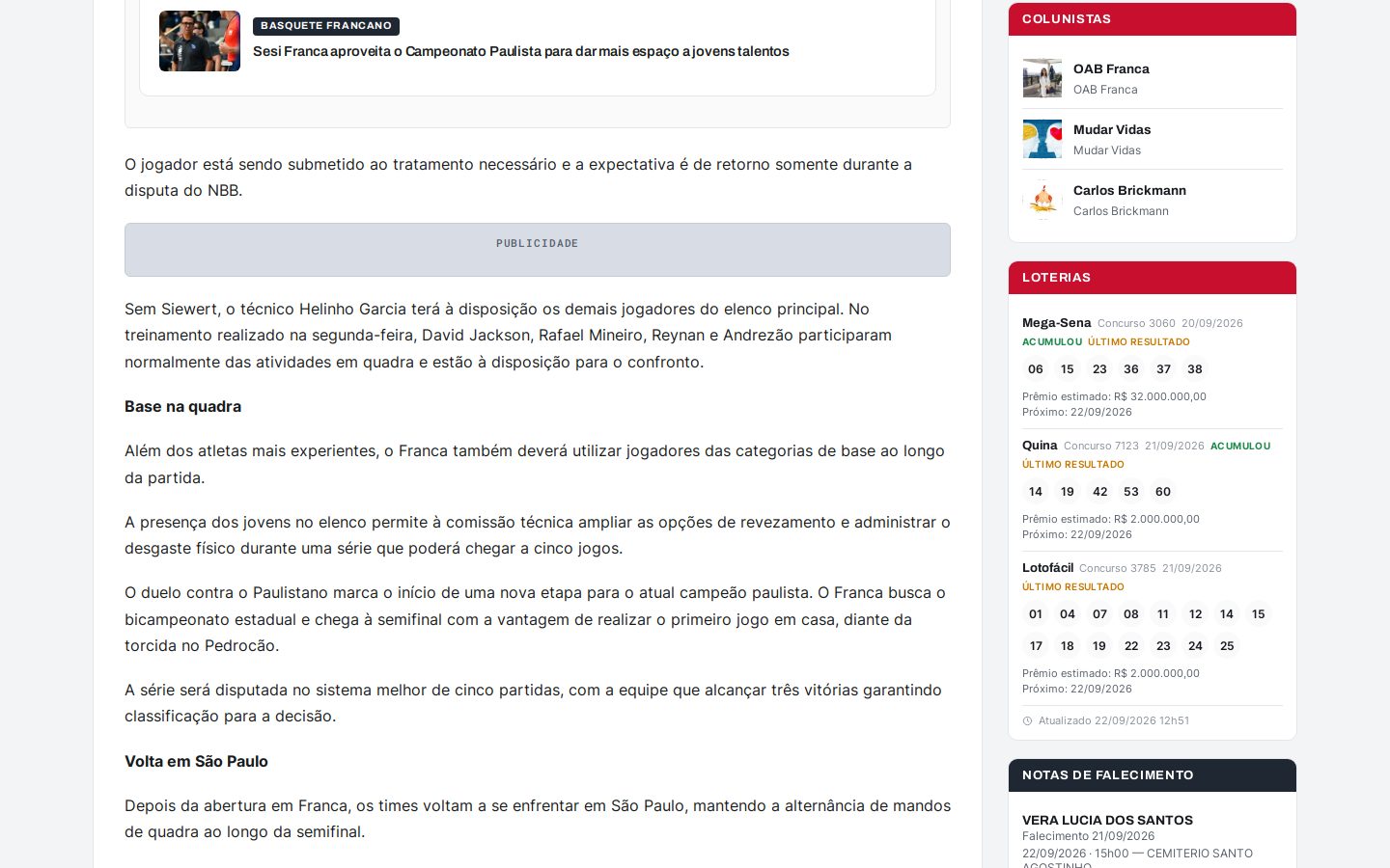 Matéria no portal Jornal da Franca WordPress desktop