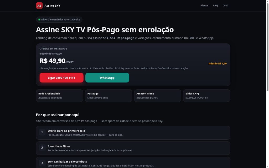 Landing Assine SKY TV pós-pago no desktop, oferta em destaque e CTAs de 0800 e WhatsApp