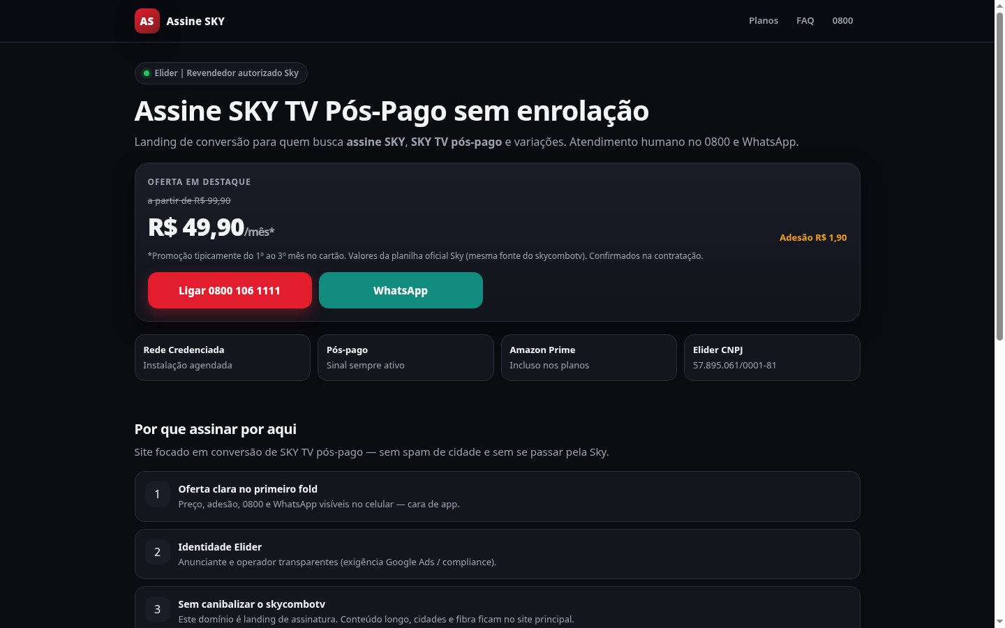 Landing Assine SKY TV pós-pago no desktop, oferta em destaque e CTAs de 0800 e WhatsApp