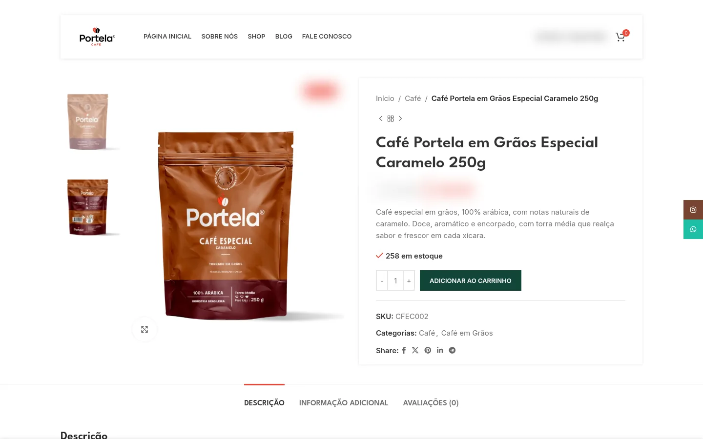 Página de produto do Café Portela em grãos especial