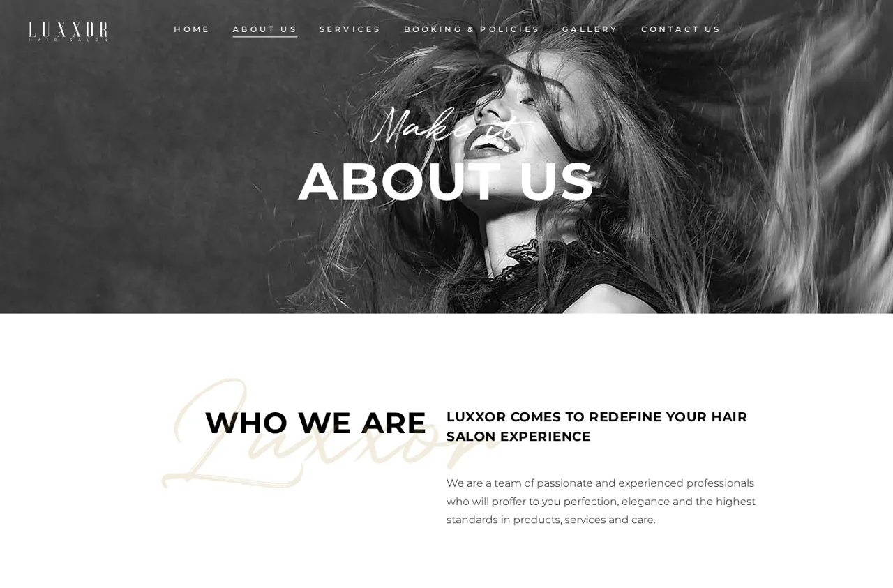 Página About Us do Luxxor Hair Salon