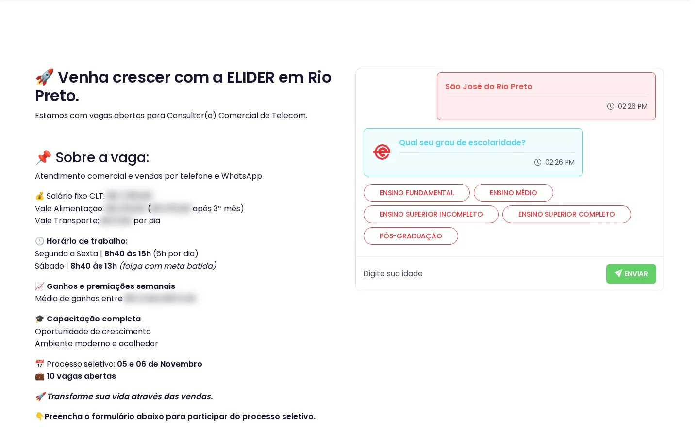 Formulário em formato de chat no Trabalhe Conosco da Elider