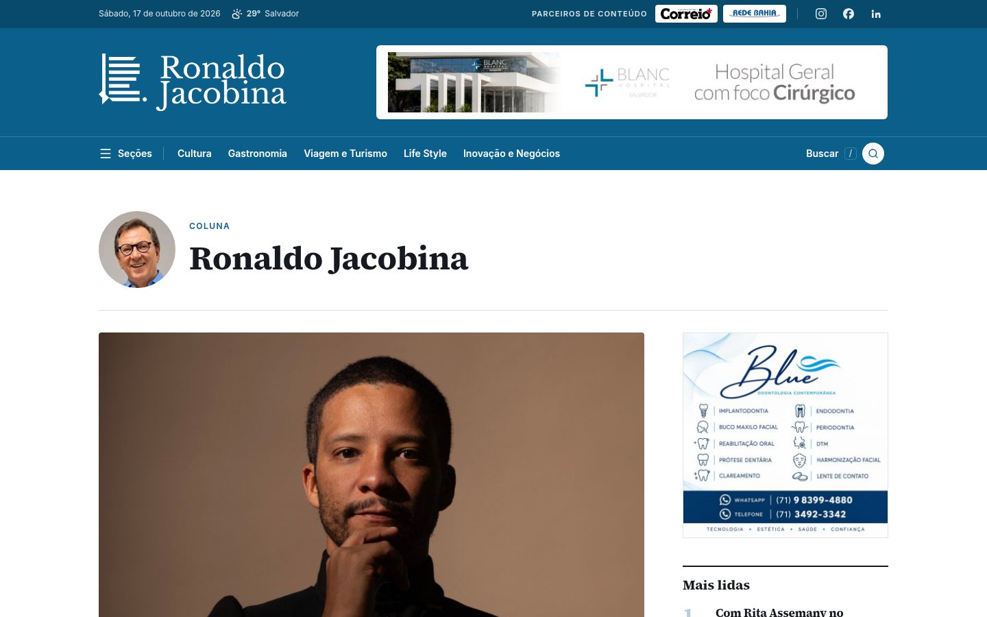 Página da coluna Ronaldo Jacobina com foto do colunista e últimas matérias