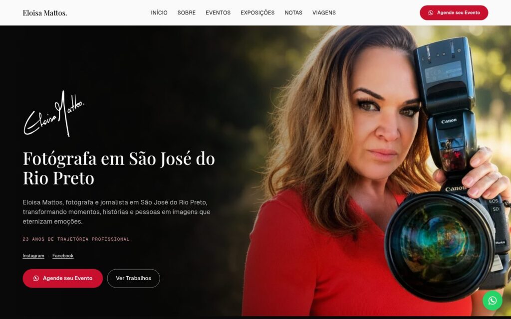 Home do novo site da Eloisa Mattos no desktop com a fotógrafa segurando a câmera