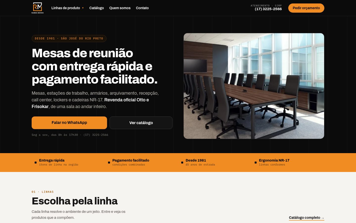Home da Raimac Móveis no desktop com hero de mesas de reunião e faixa laranja de diferenciais