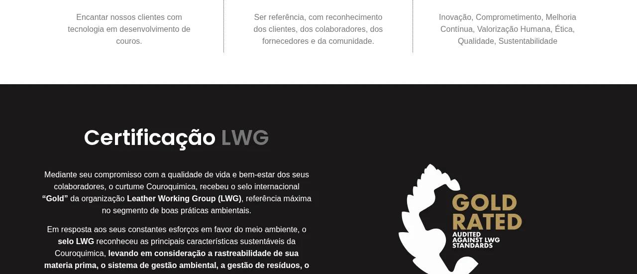 Seção de certificação LWG no site da Couroquímica
