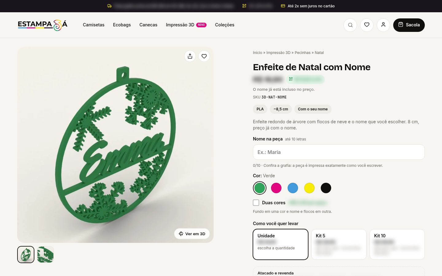 Página de um enfeite de Natal em 3D com campo para nome, escolha de cor e kits
