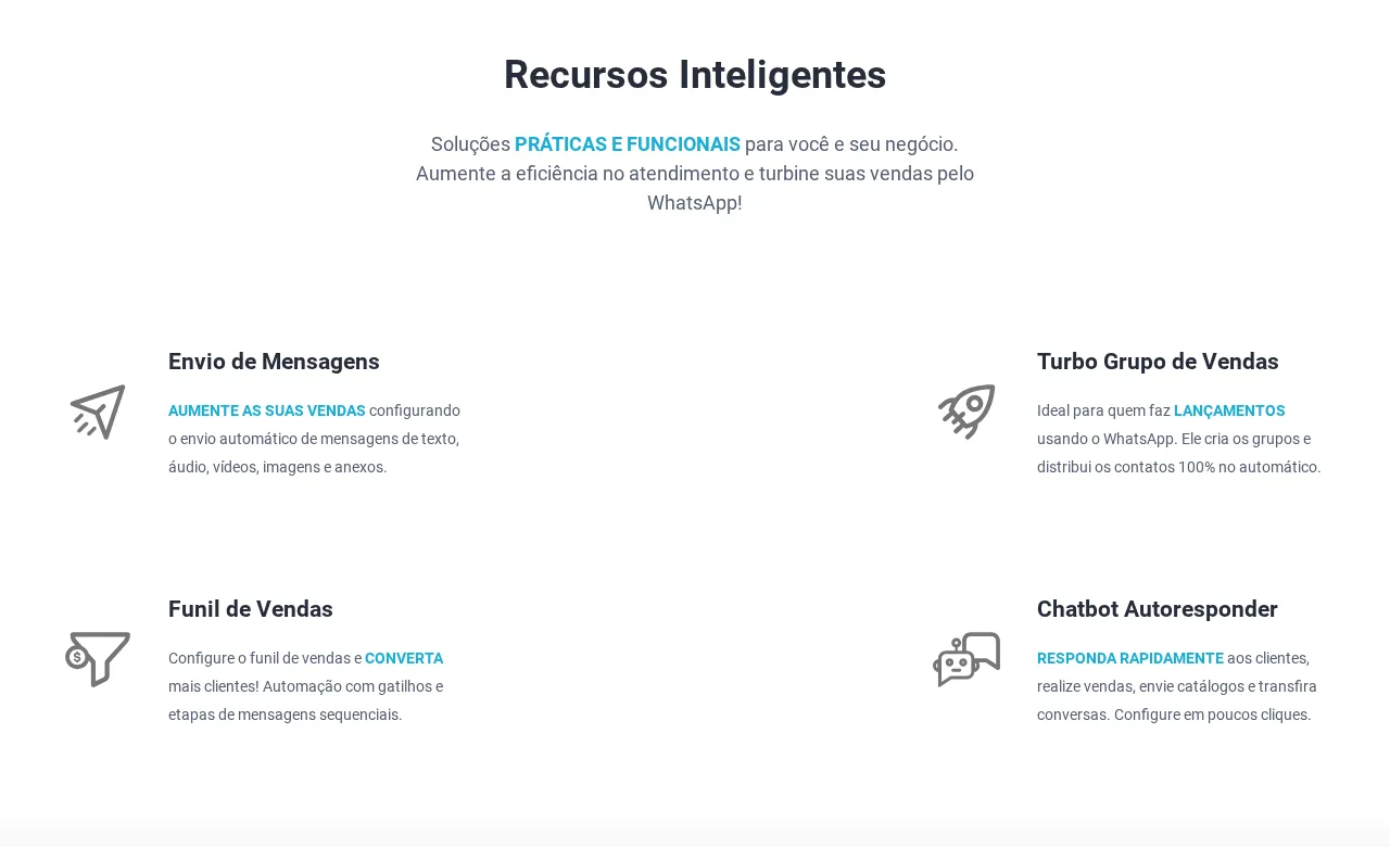 Recursos do Socialmaker em cards com ícones