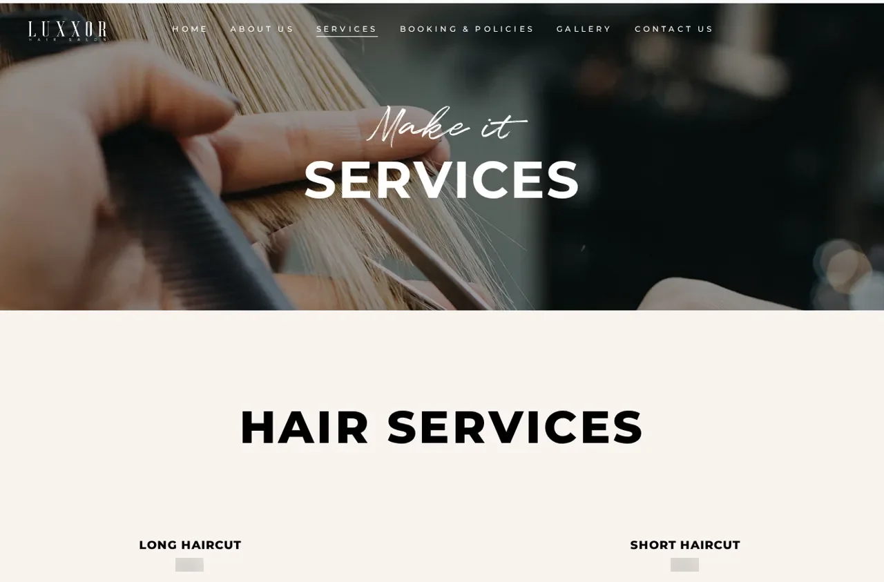 Página de serviços do Luxxor Hair Salon