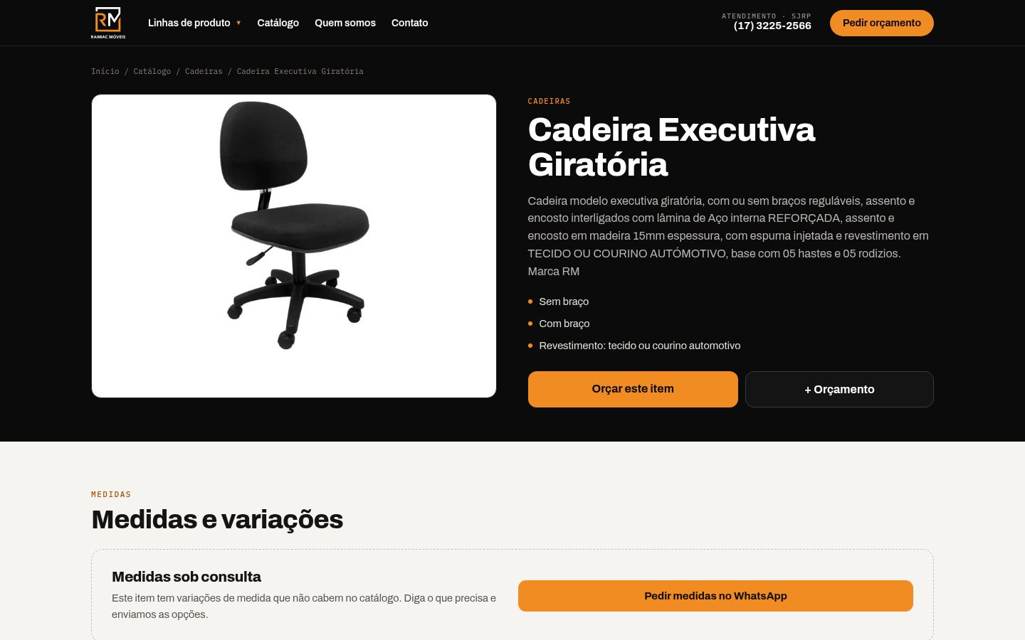 Página de produto da Raimac no desktop com foto, descrição, variações e botões Orçar este item e + Orçamento