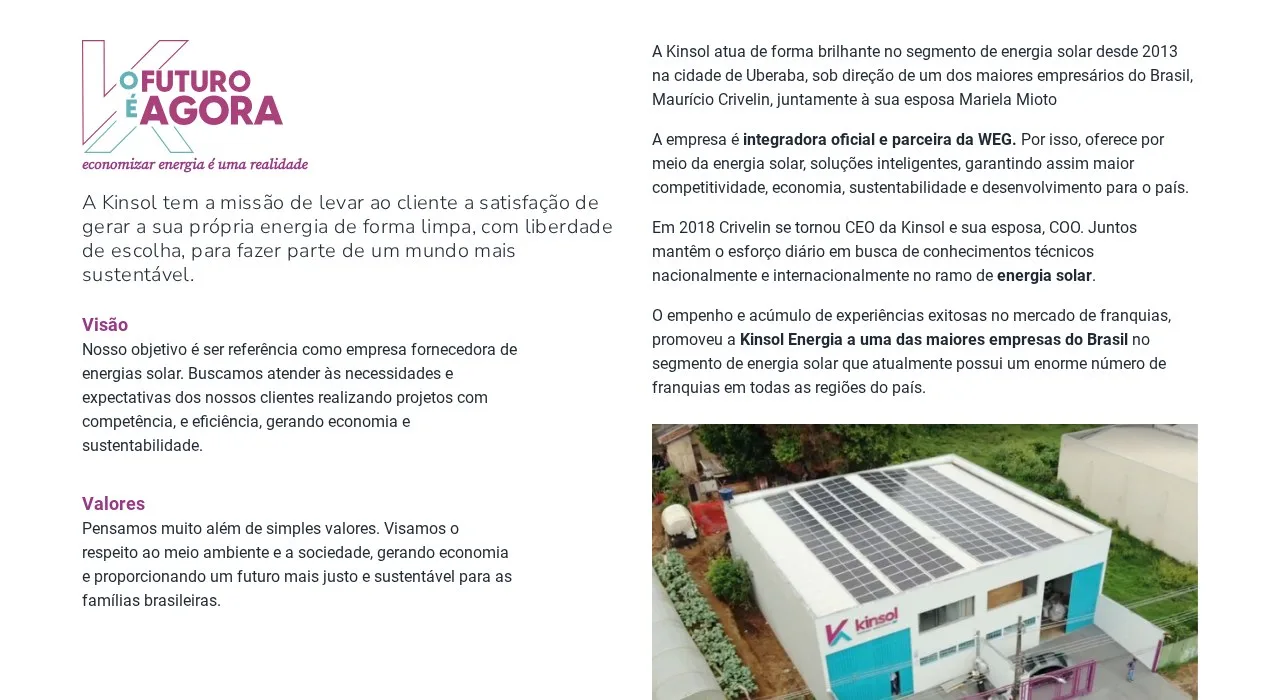 Página Sobre a Kinsol com a história da empresa