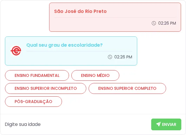 Opções de escolaridade em botões no formulário da Elider
