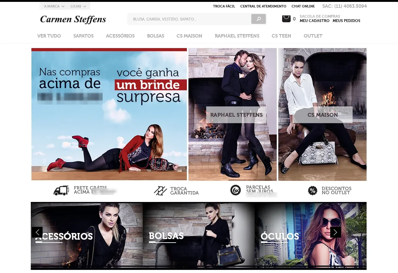 Loja virtual Carmen Steffens em 2014 com banner de brinde, frete grátis e categorias