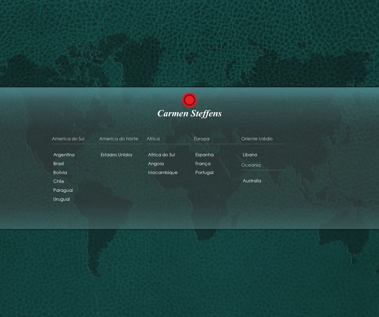 Site internacional Carmen Steffens com escolha de país sobre o mapa-múndi