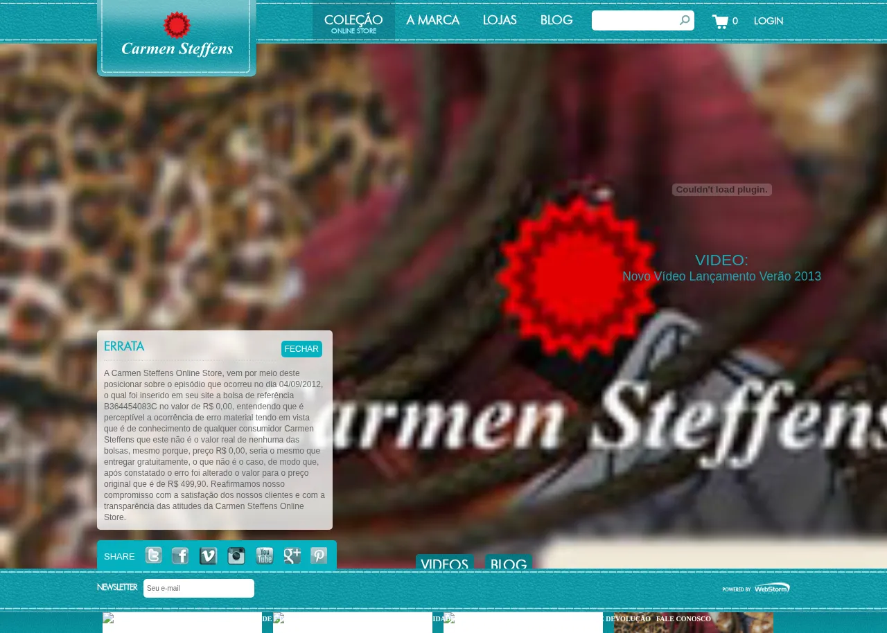 Site Carmen Steffens com estampa animal e menu Coleção, A Marca, Lojas e Blog