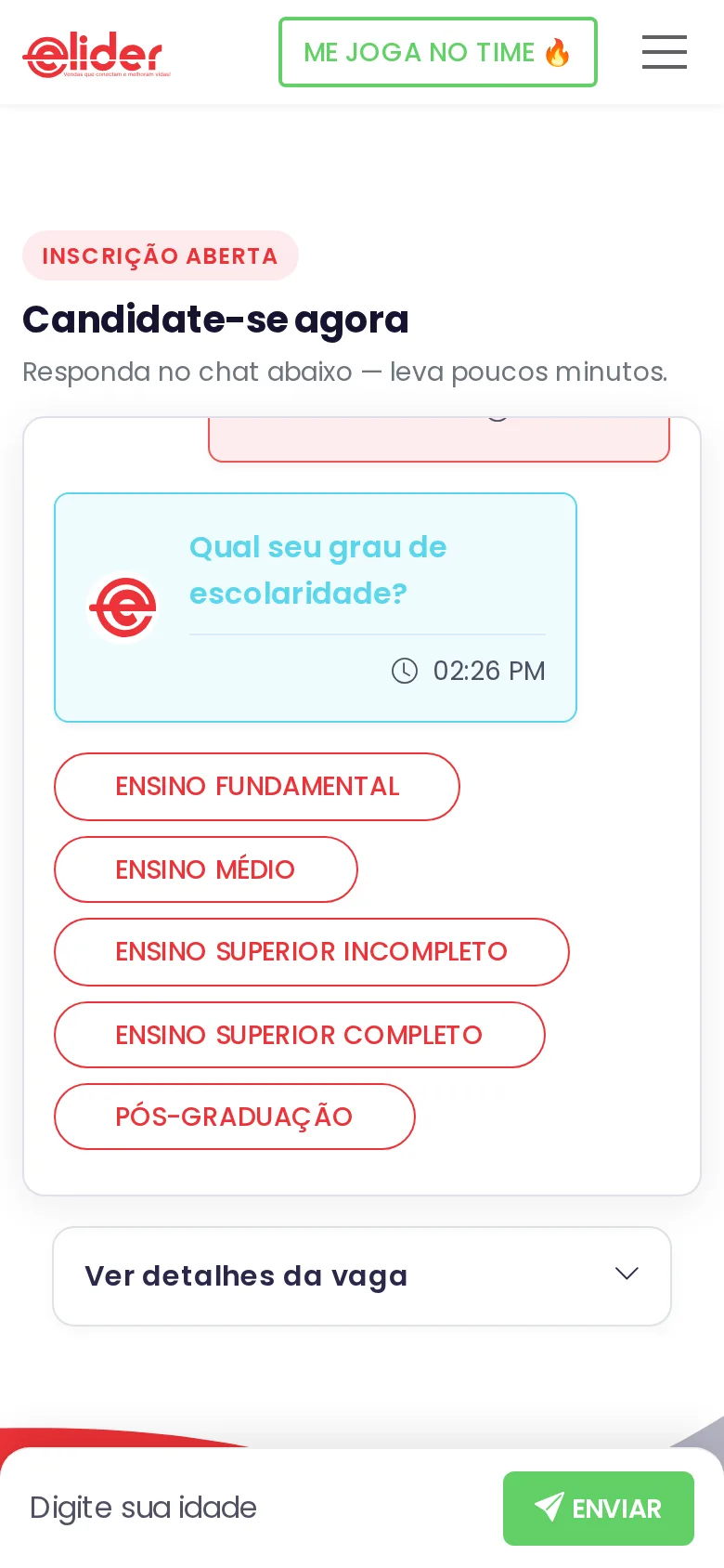 Formulário em formato de chat da Elider no celular