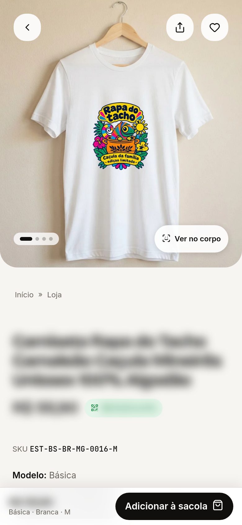 Página de camiseta da Estampa Já no celular com botão Adicionar à sacola fixo