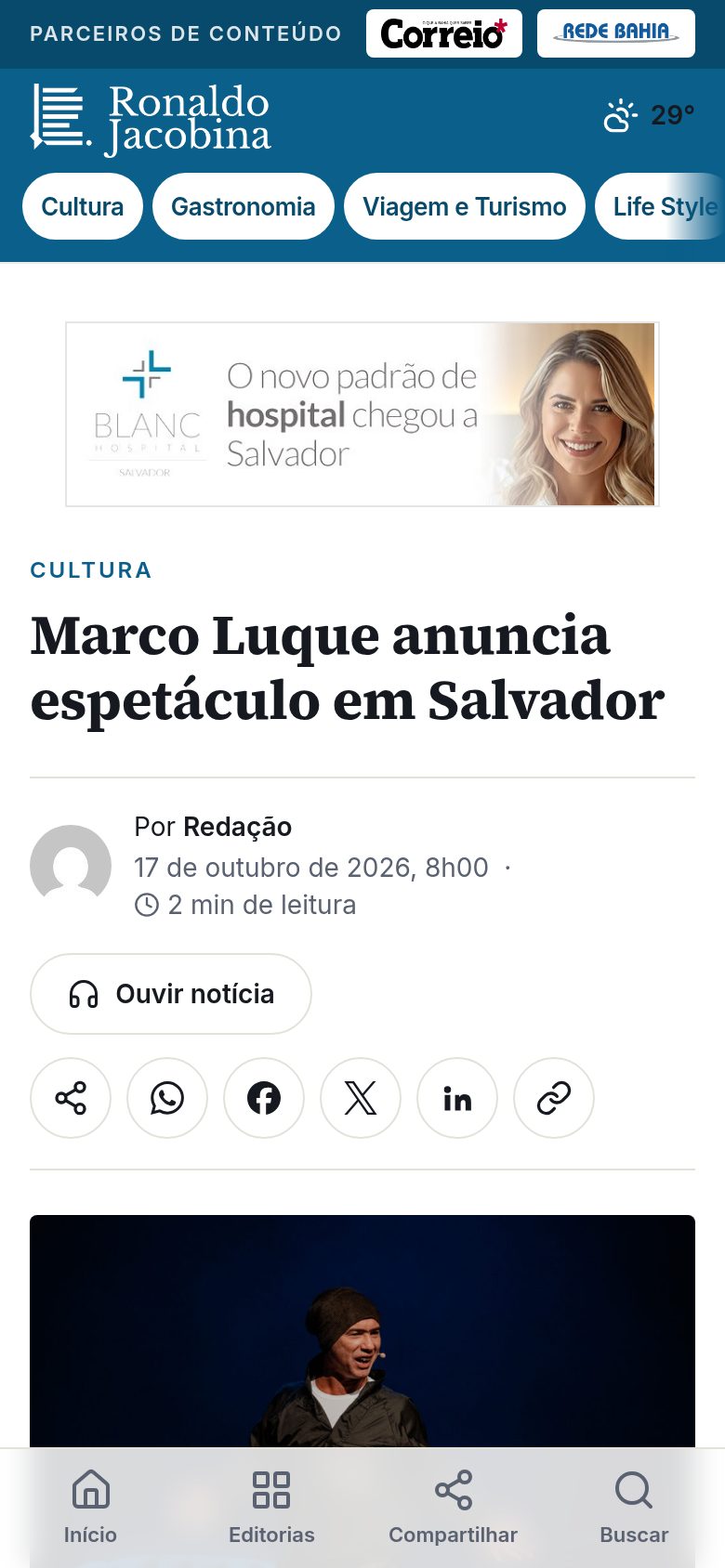 Matéria do portal Ronaldo Jacobina no celular com botão de ouvir notícia