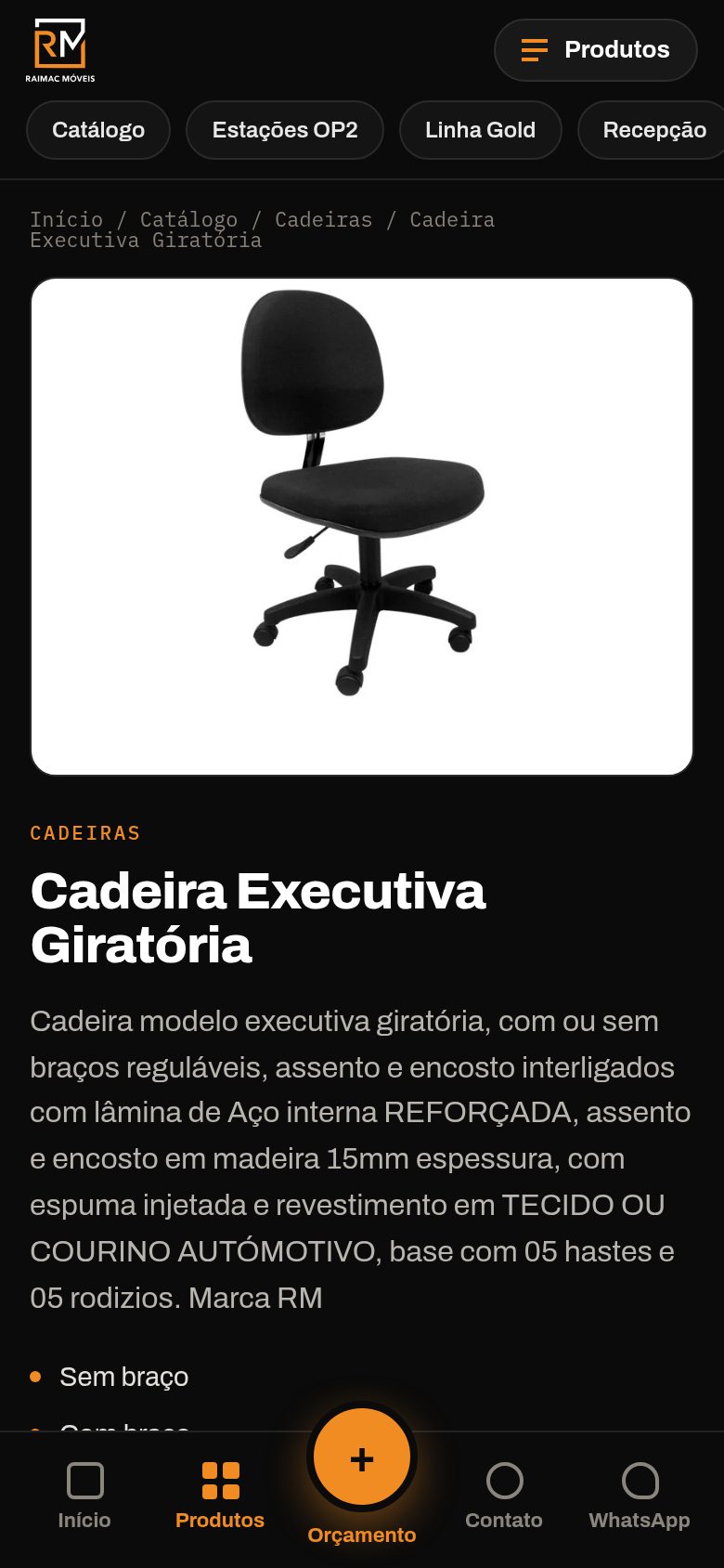 Página de produto da Raimac no celular com trilha, foto do produto e dock inferior