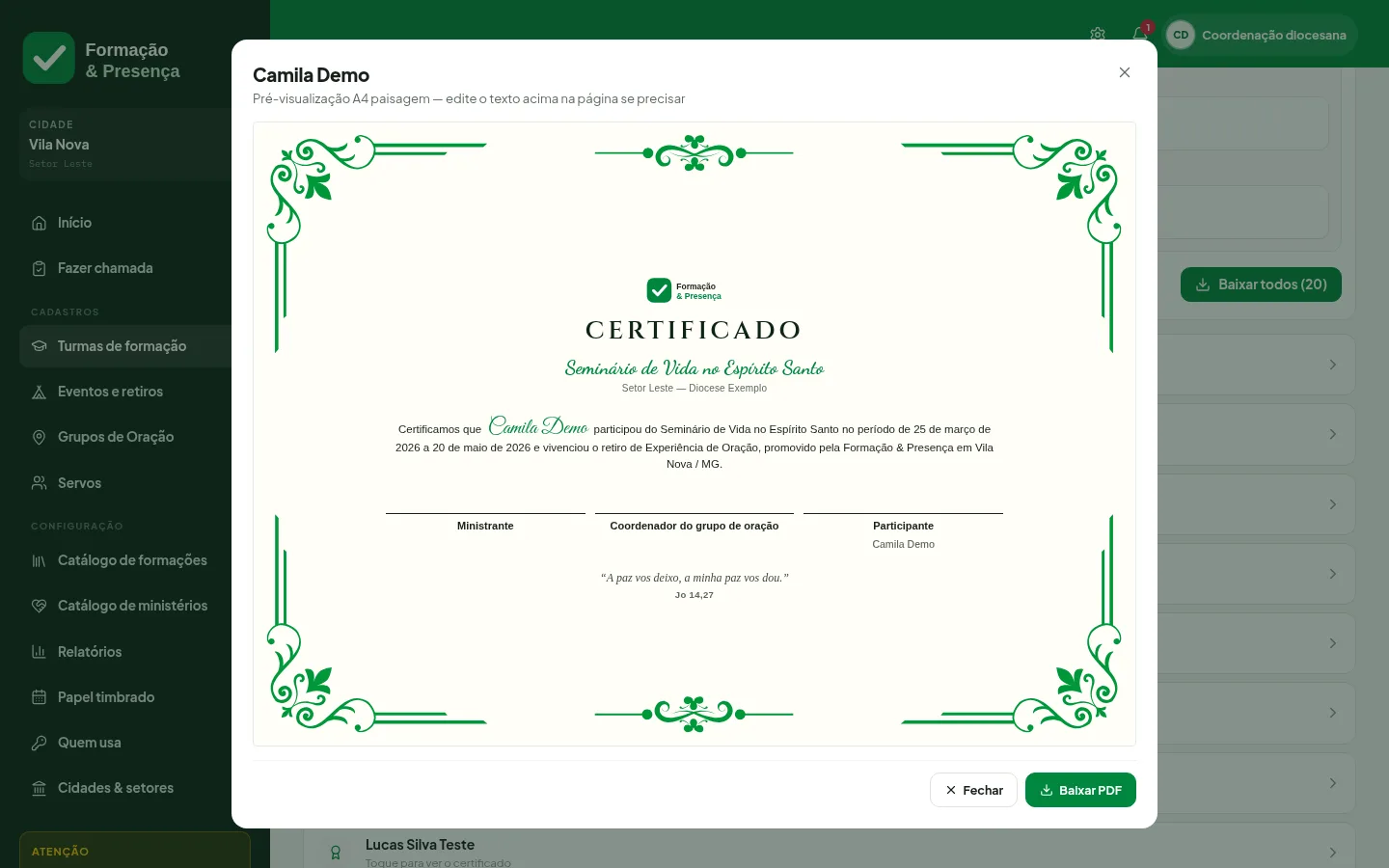 Pré-visualização do certificado em PDF gerado pela plataforma