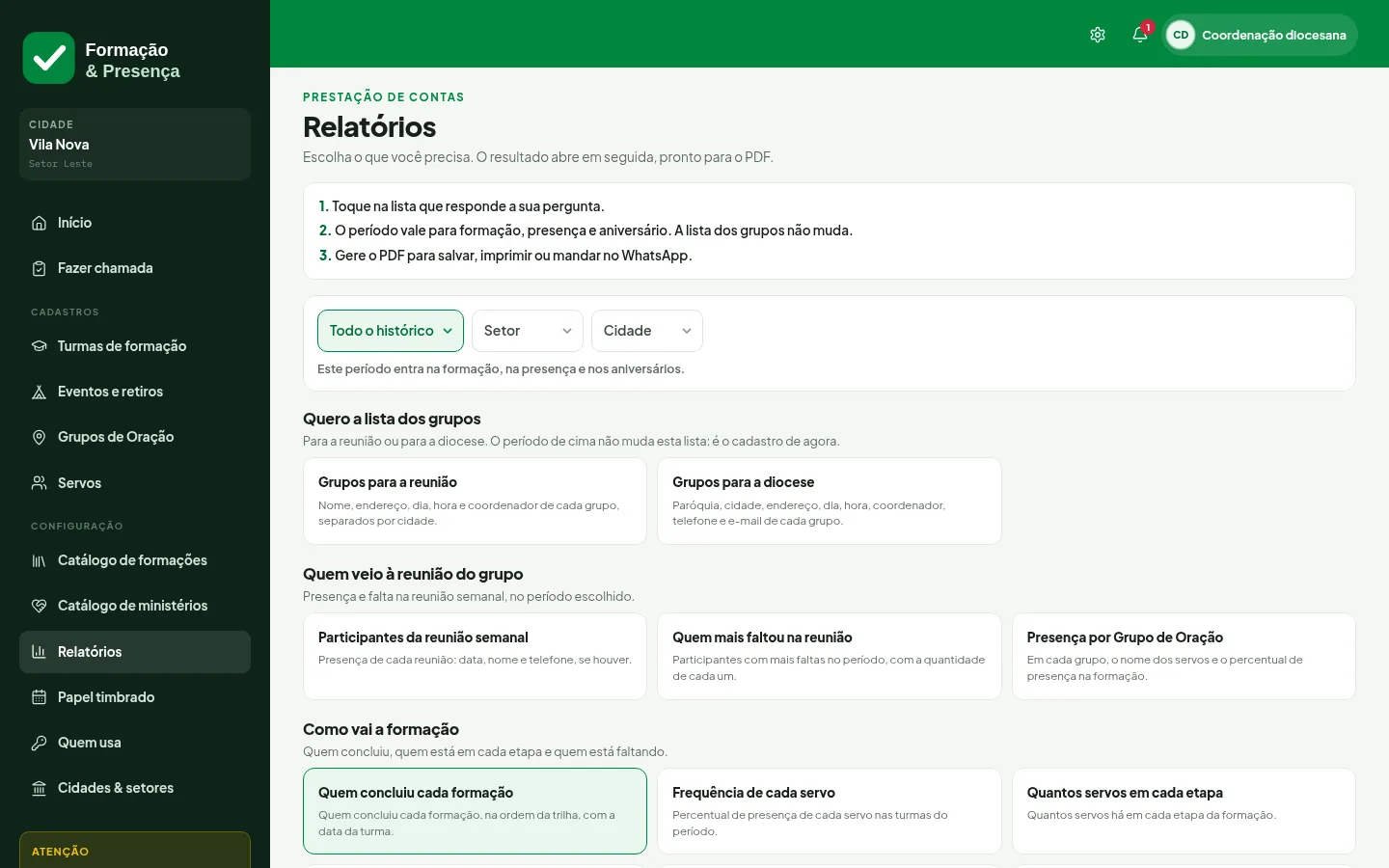 Catálogo de relatórios da plataforma de gestão de formação